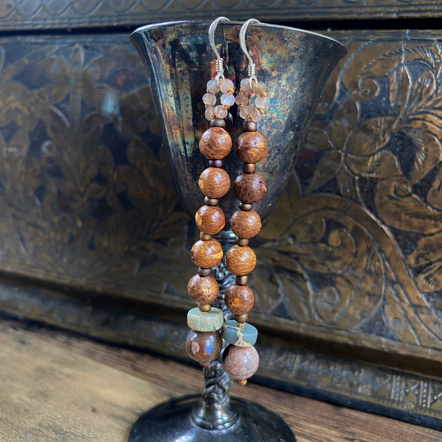 Crystal healing earrings with Bodhi seeds, Agalmatolite, Llanite & Moonstone