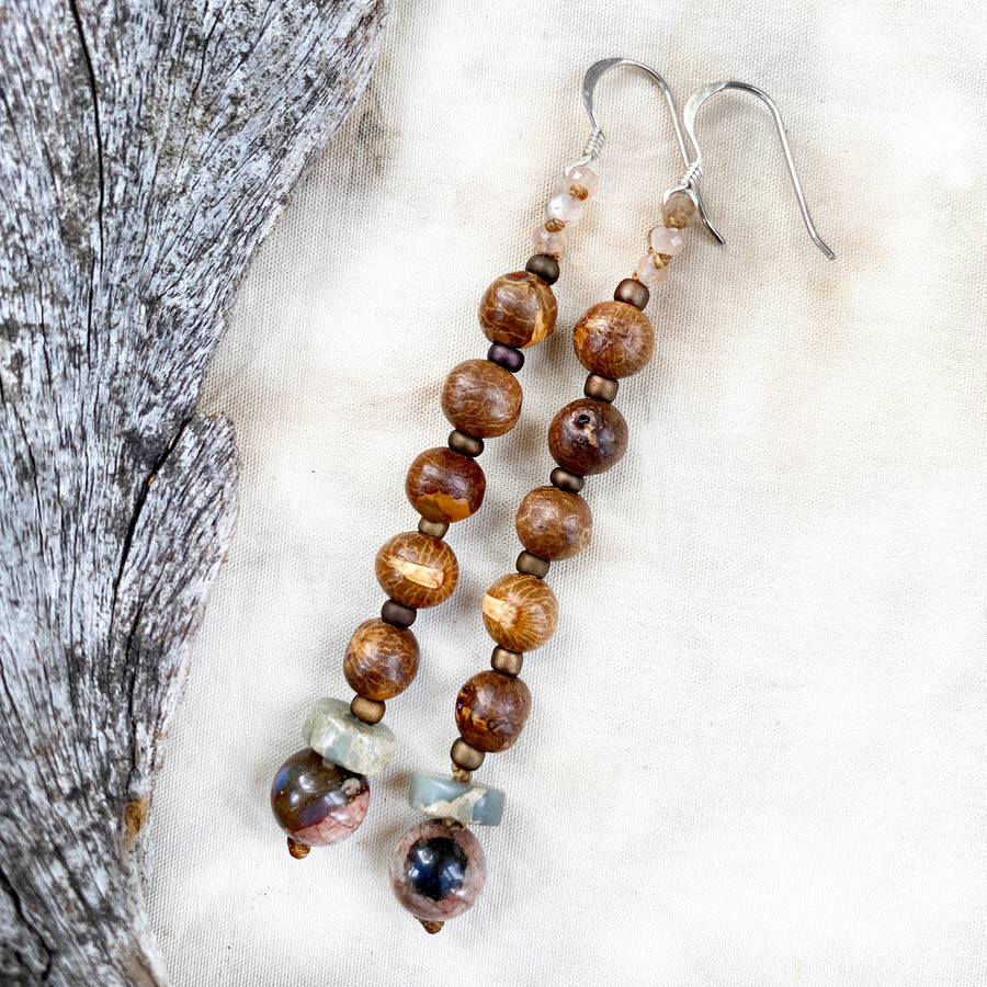 Crystal healing earrings with Bodhi seeds, Agalmatolite, Llanite & Moonstone