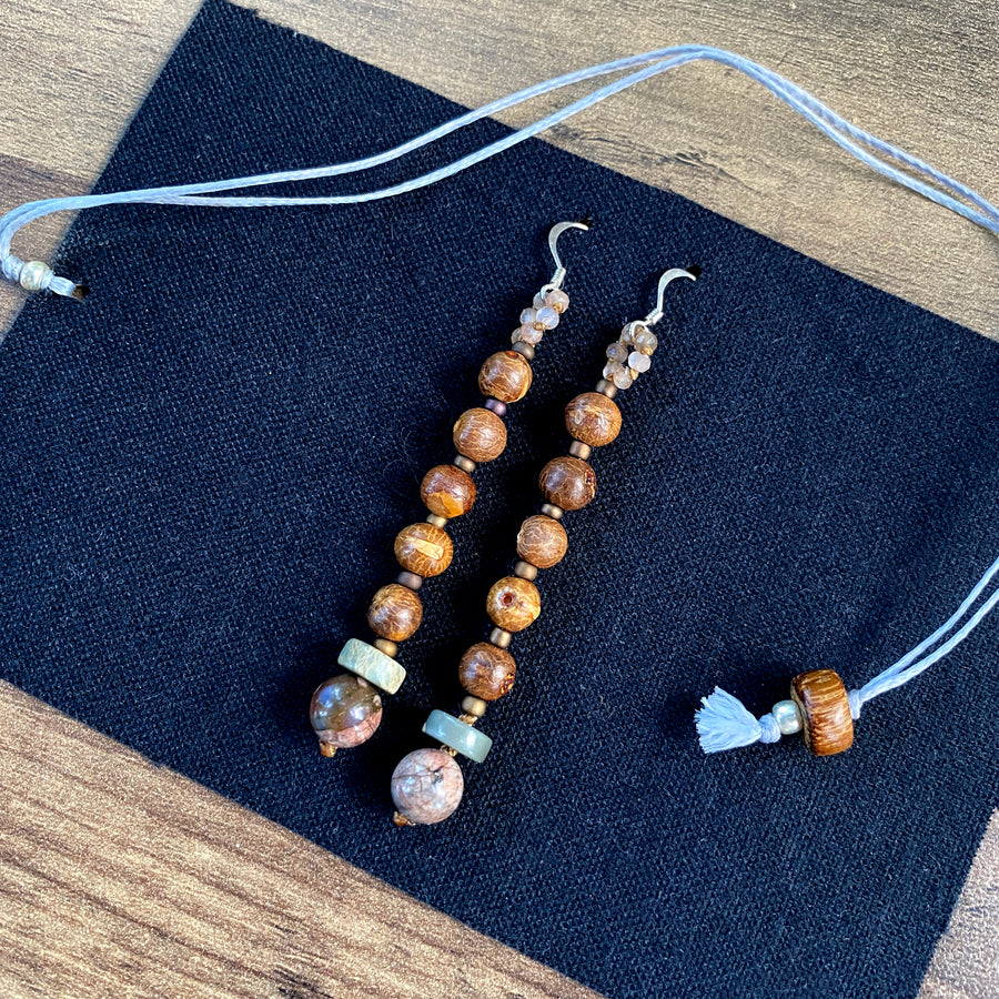 Crystal healing earrings with Bodhi seeds, Agalmatolite, Llanite & Moonstone