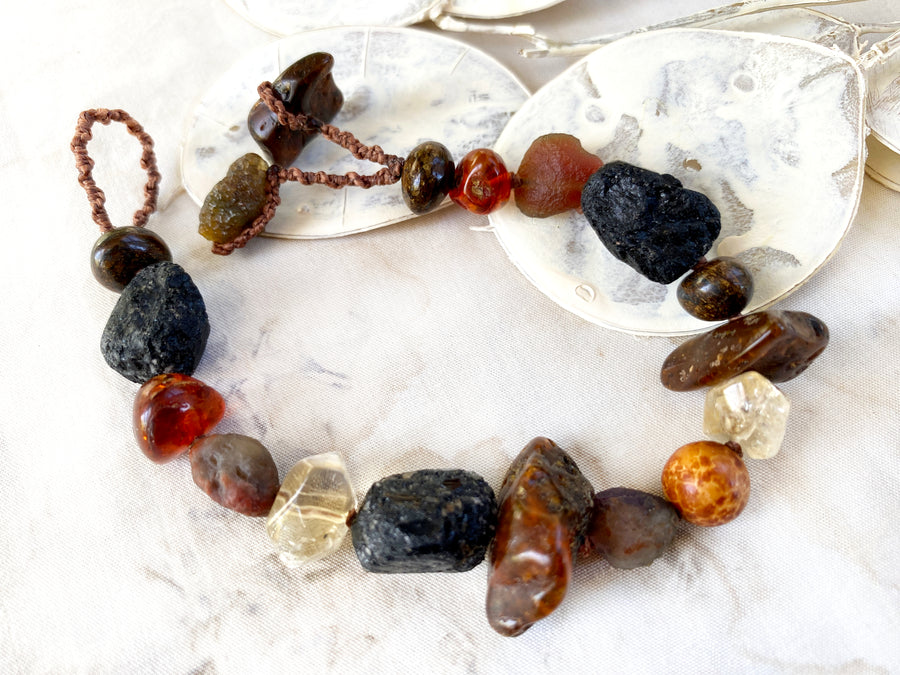 Crystal healing bracelet with Amber, Citrine, Gobi Desert Agate, Black Tourmaline & Bronzite ~ for up to 6.5