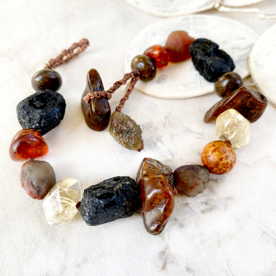 Crystal healing bracelet with Amber, Citrine, Gobi Desert Agate, Black Tourmaline & Bronzite ~ for up to 6.5