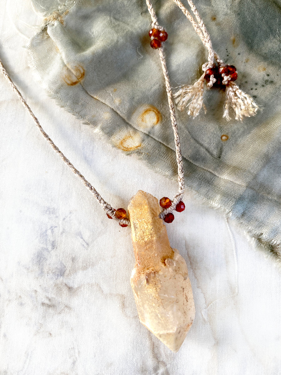 Sceptre Quartz crystal amulet with Hessonite Garnet
