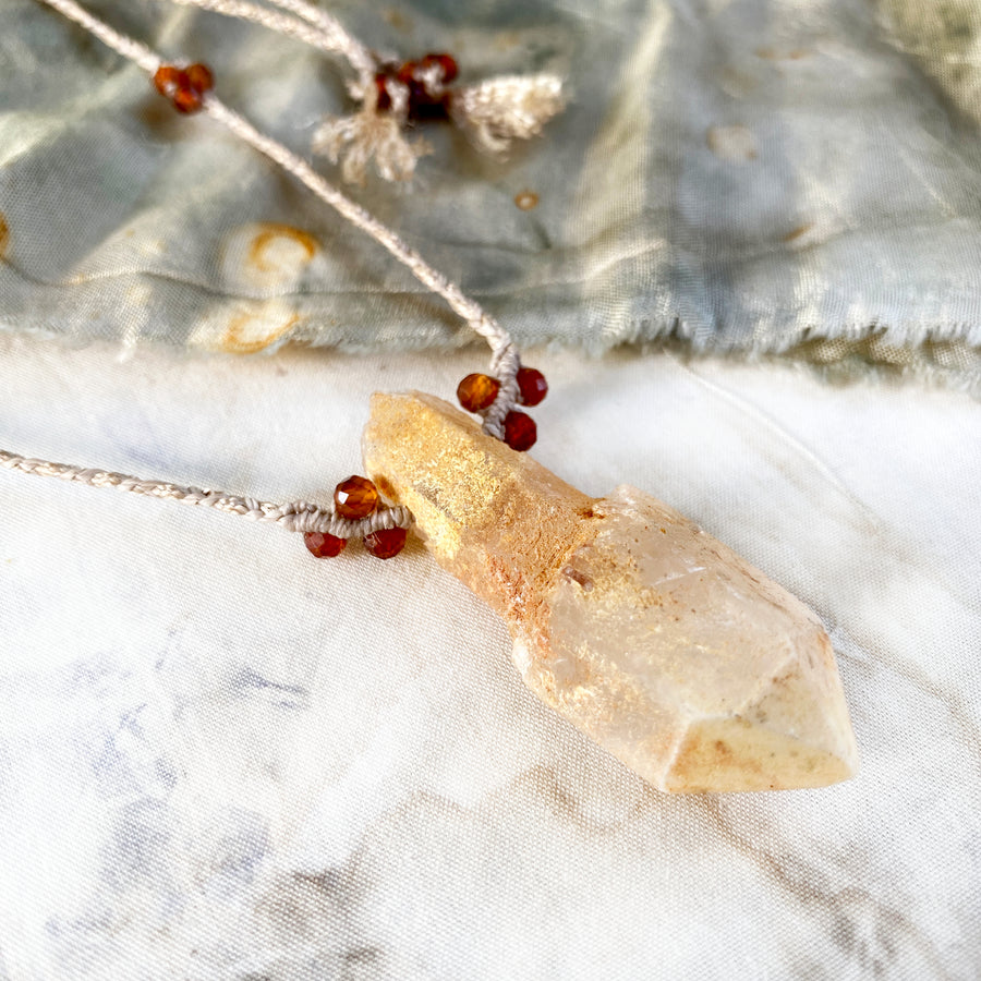 Sceptre Quartz crystal amulet with Hessonite Garnet