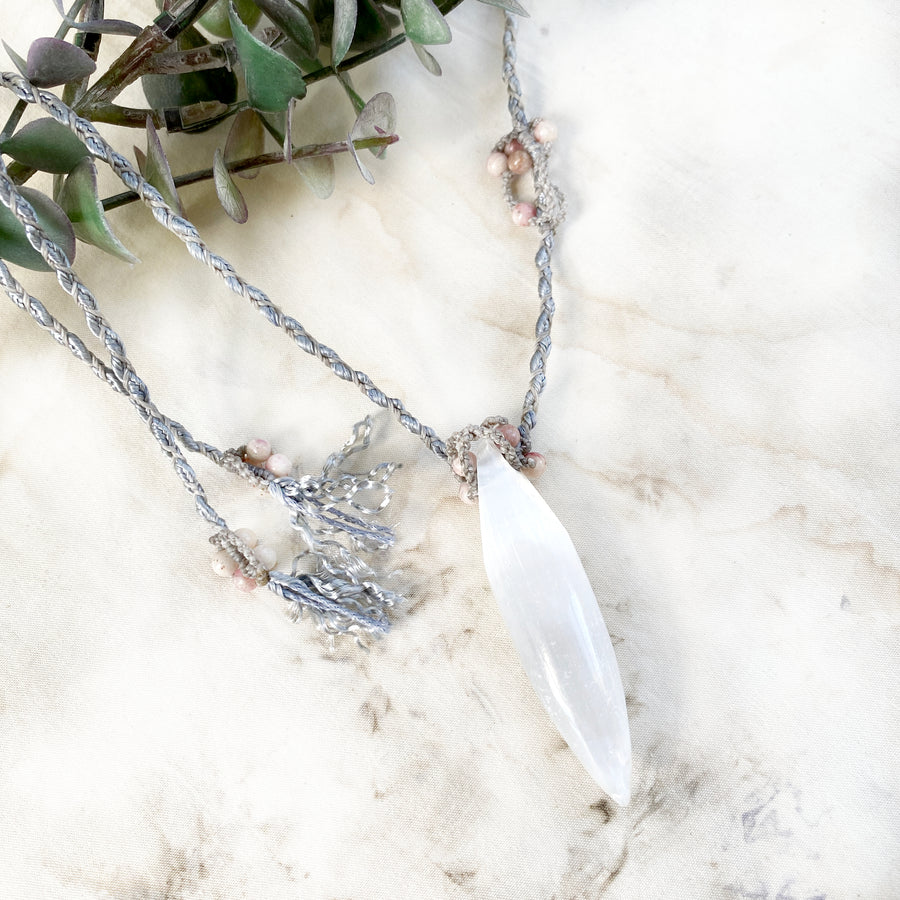 Satin Spar crystal healing amulet