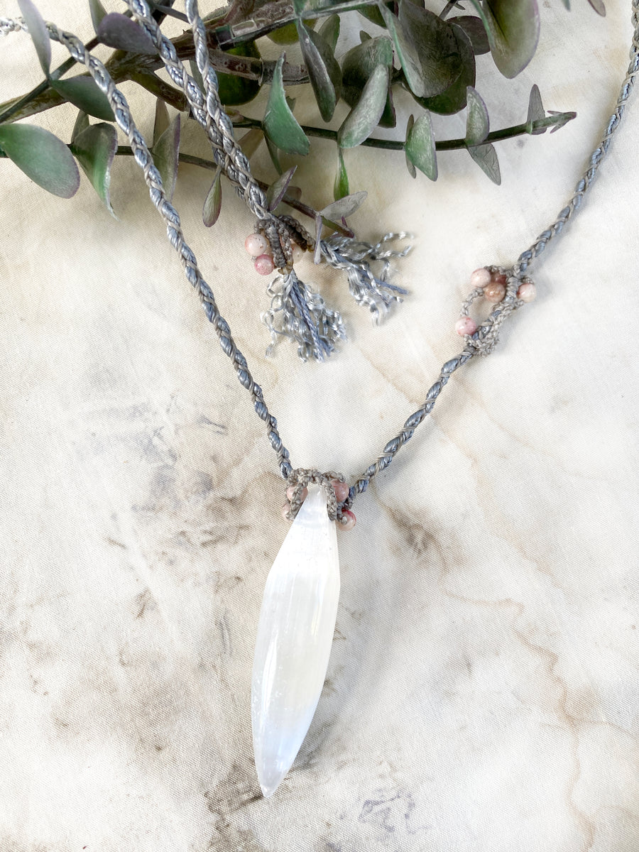 Satin Spar crystal healing amulet