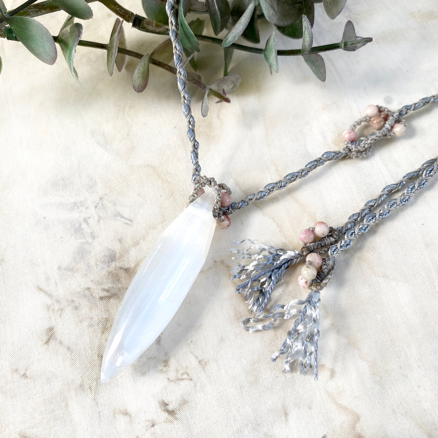 Satin Spar crystal healing amulet
