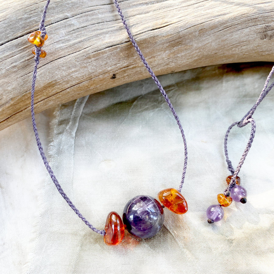 Crystal healing amulet with Amethyst & Amber