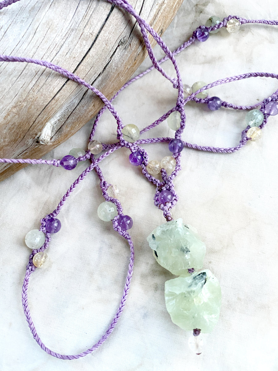 Prehnite crystal healing amulet with Amethyst & Citrine