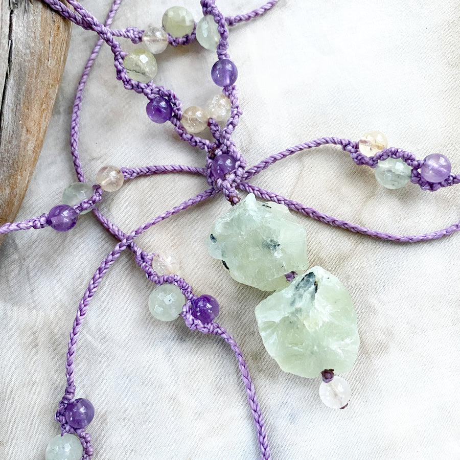 Prehnite crystal healing amulet with Amethyst & Citrine