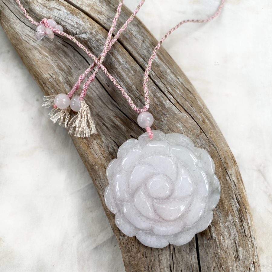 'Roseful of Hope' ~ crystal healing amulet with carved pink Jade