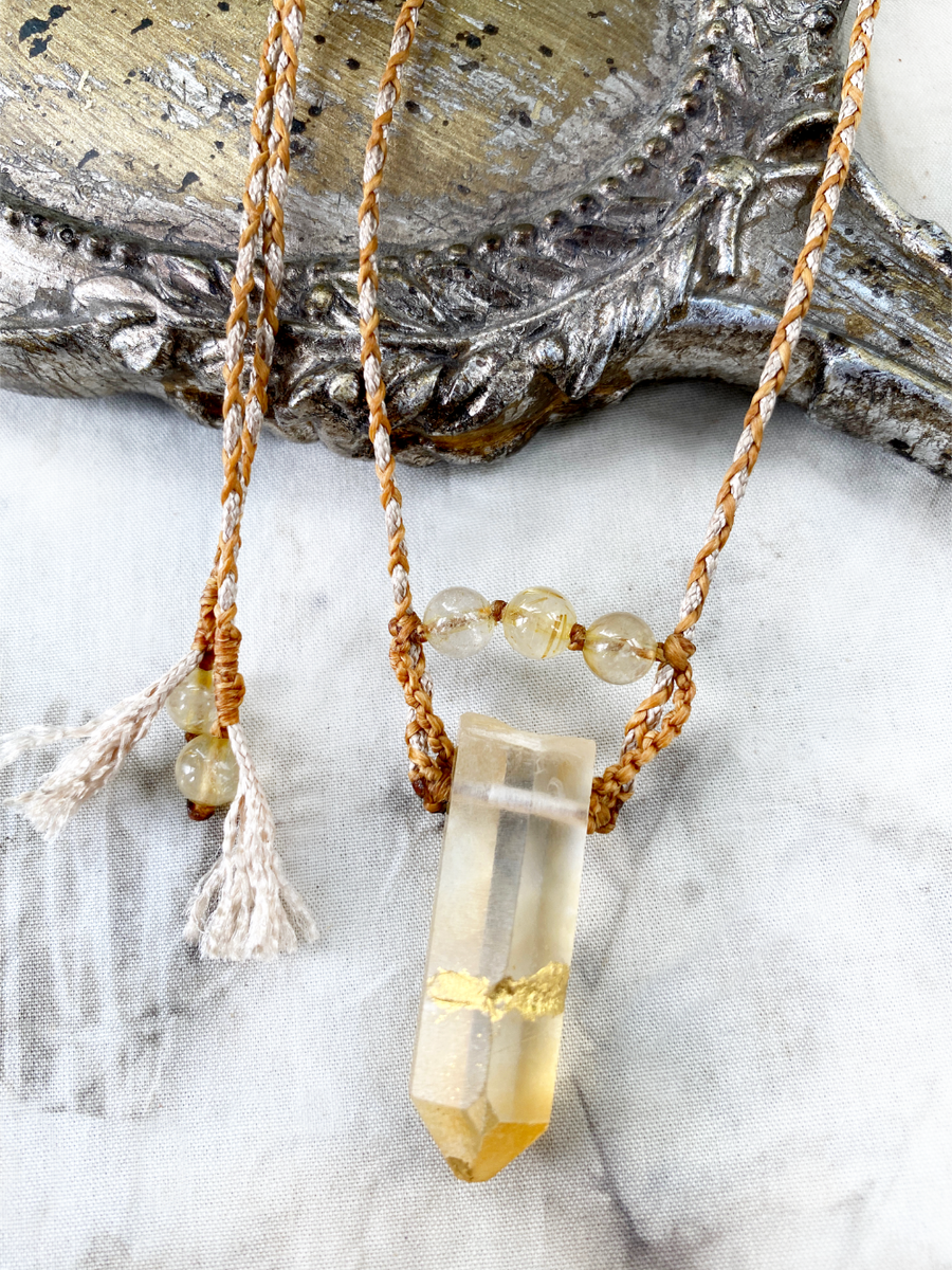 'Crystal kintsugi' healing amulet with Golden Healer Quartz point