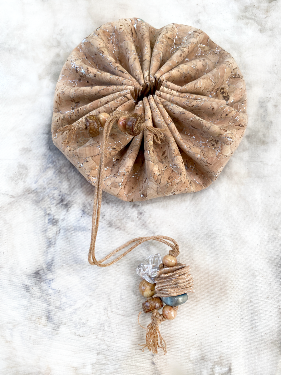 Decorative drawstring cork pouch with crystal detailing