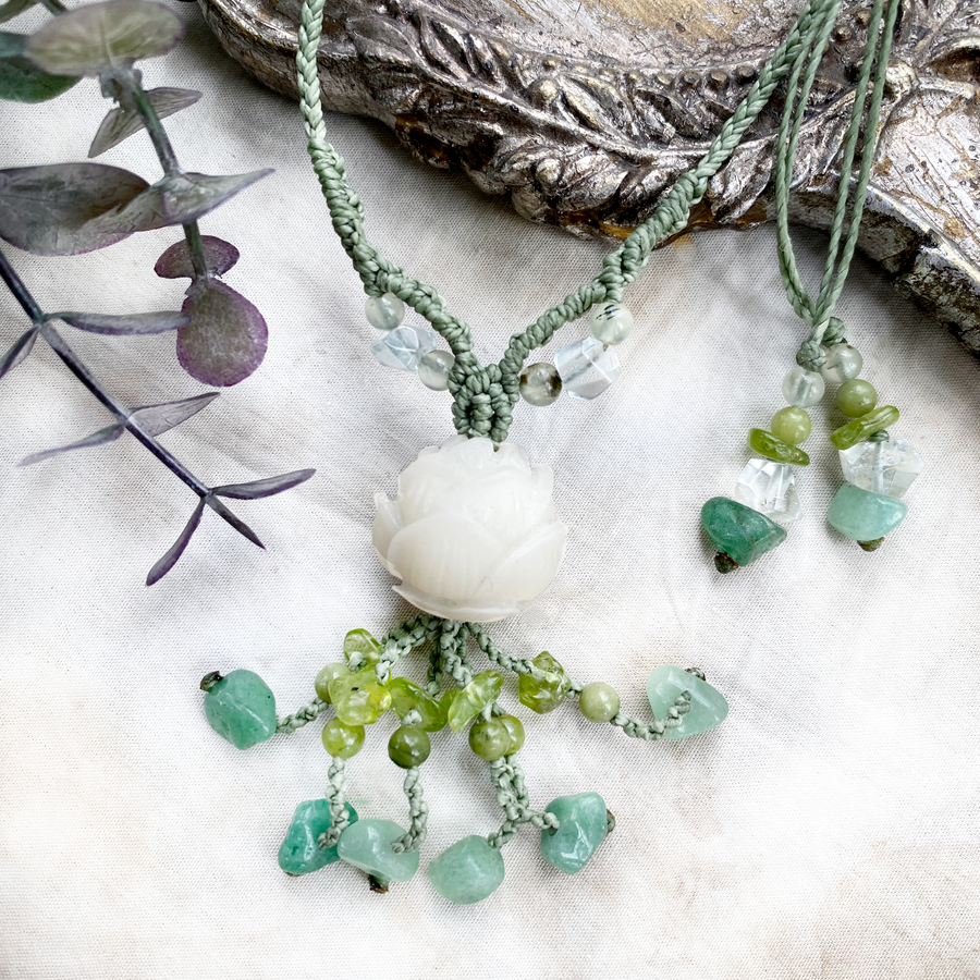 Lotus amulet with Aventurine, Peridot, Prehnite & Opal