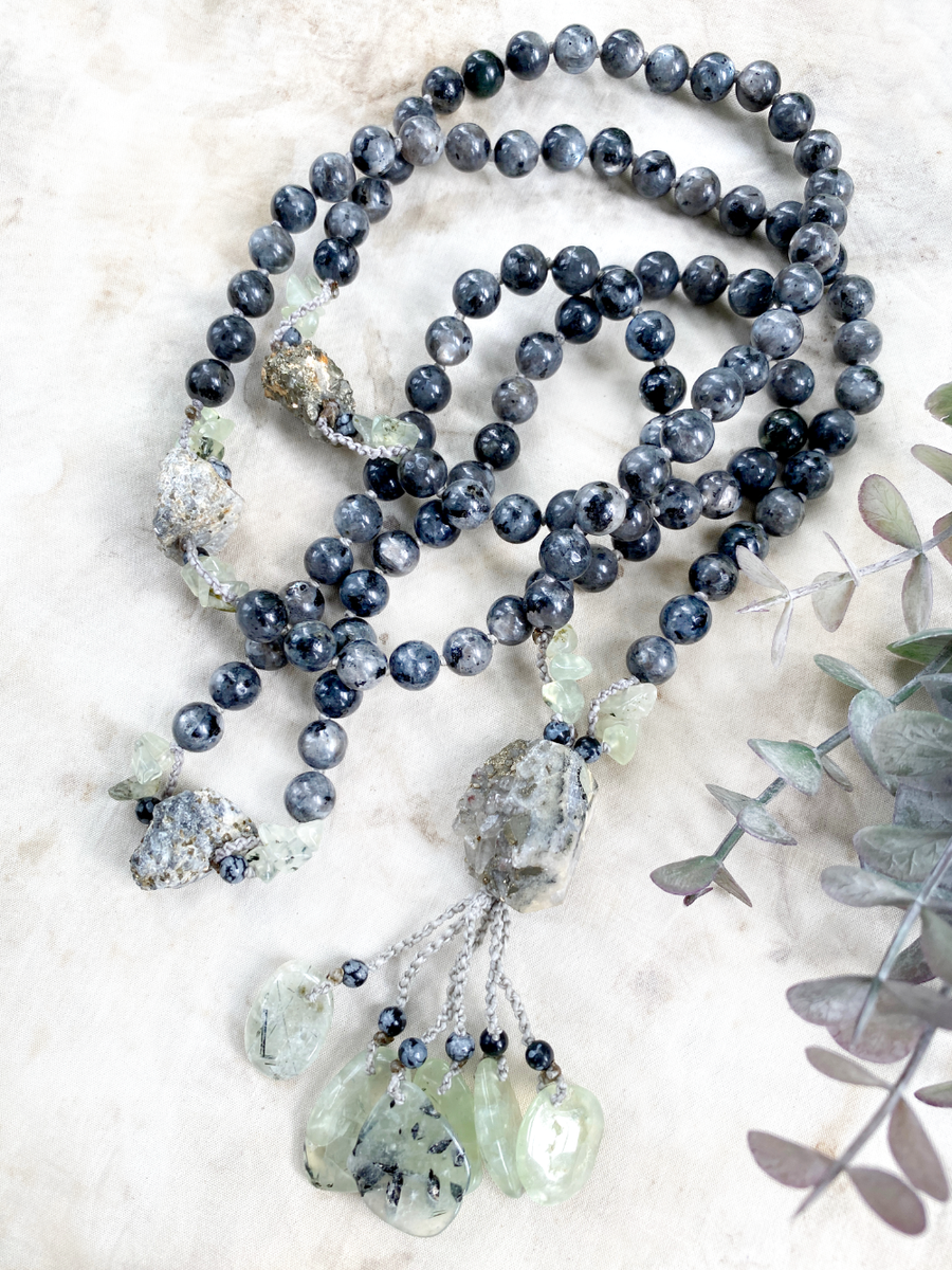 Full 108-bead meditation mala with Larvikite counter beads