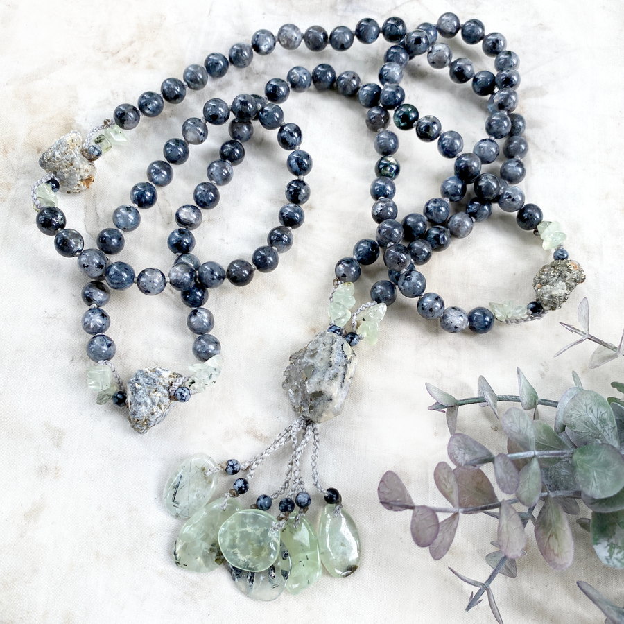 Full 108-bead meditation mala with Larvikite counter beads