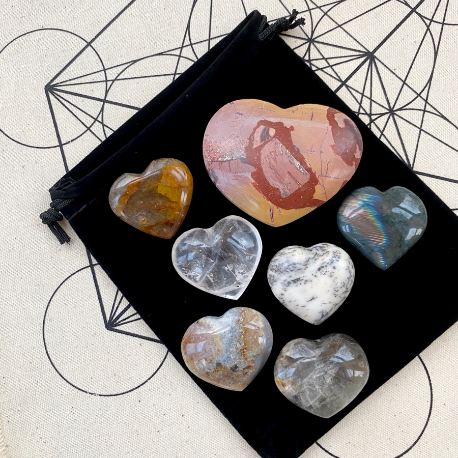 Set of 7 crystal hearts with Metatron's Cube cloth & black velvet pouch