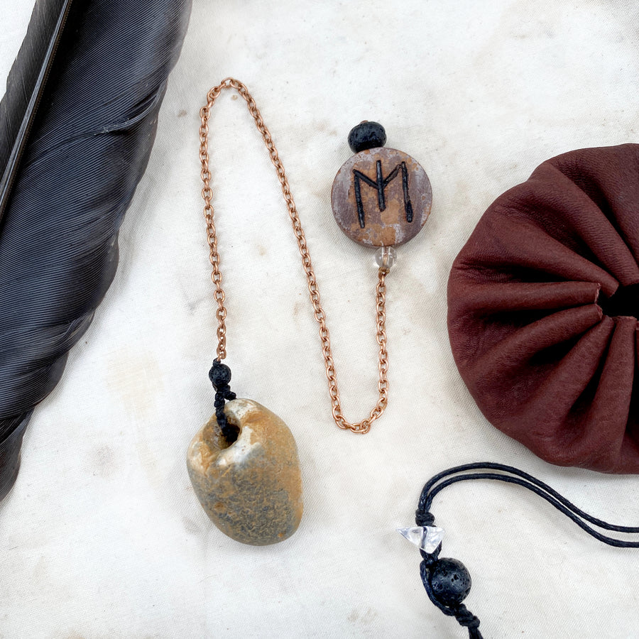 Unique runic pendulum with Flint Hagstone dowser & wooden handle with two bindrunes