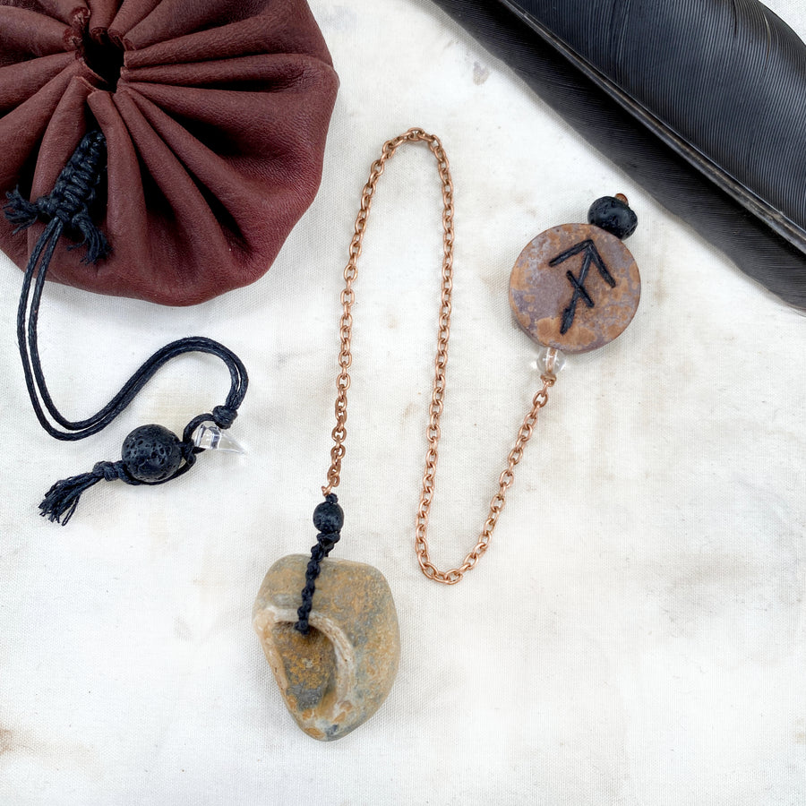 Unique runic pendulum with Flint Hagstone dowser & wooden handle with two bindrunes