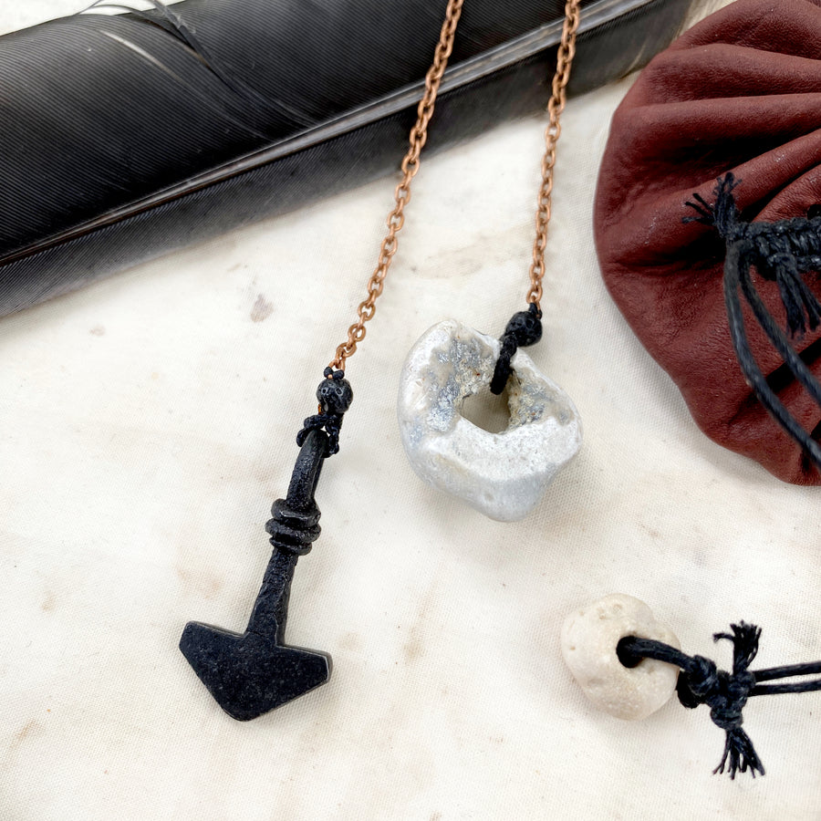 Unique runic pendulum with wrought iron Mjölnir dowser & Flint Hagstone handle