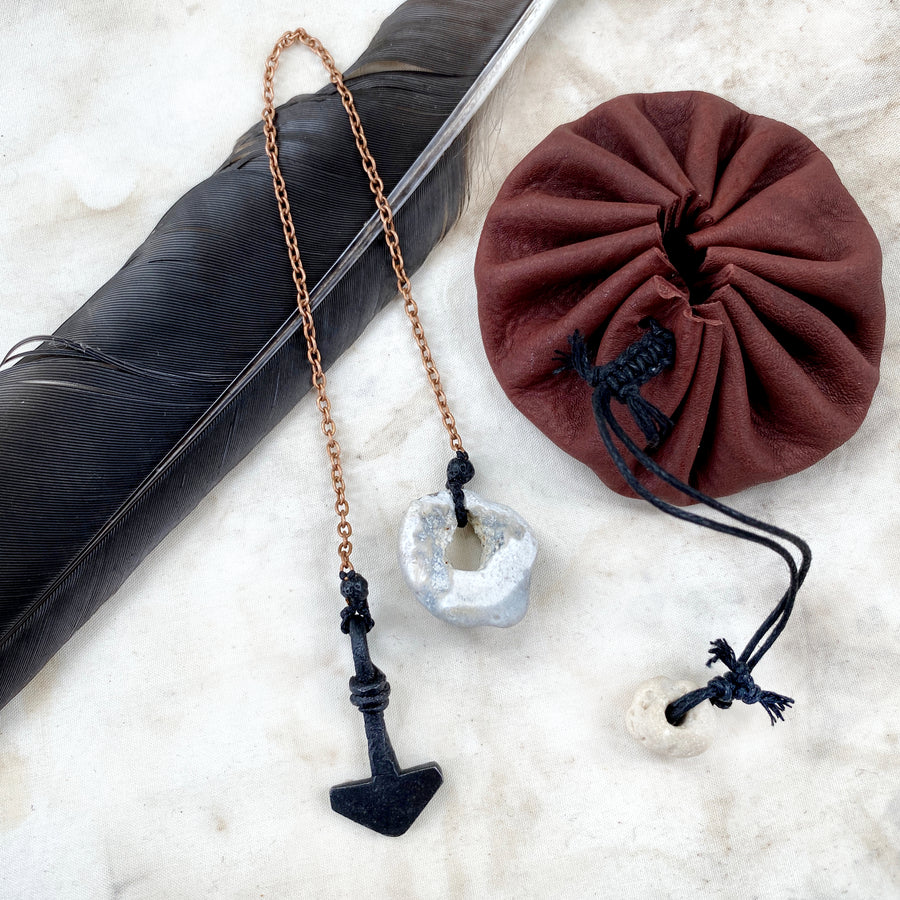 Unique runic pendulum with wrought iron Mjölnir dowser & Flint Hagstone handle