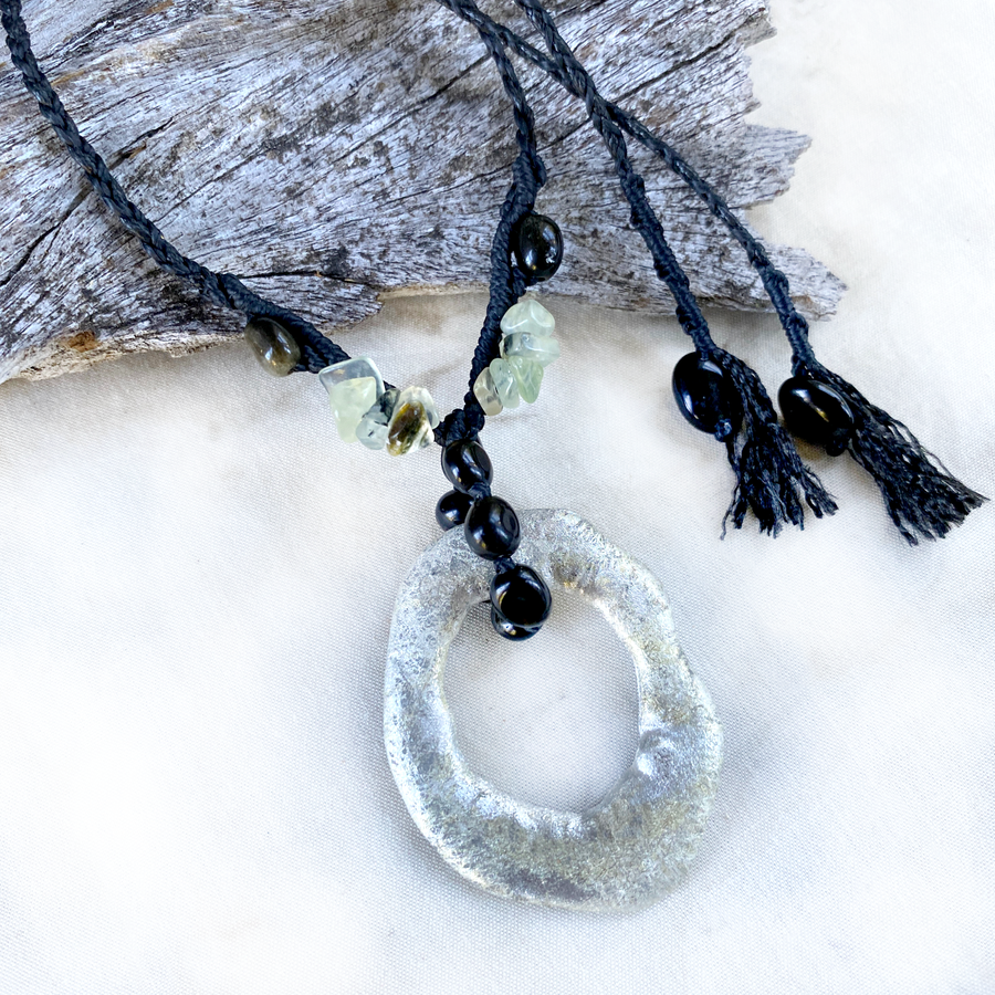 'Flow' talisman necklace ~ pewter with Golden Sheen Obsidian & Prehnite