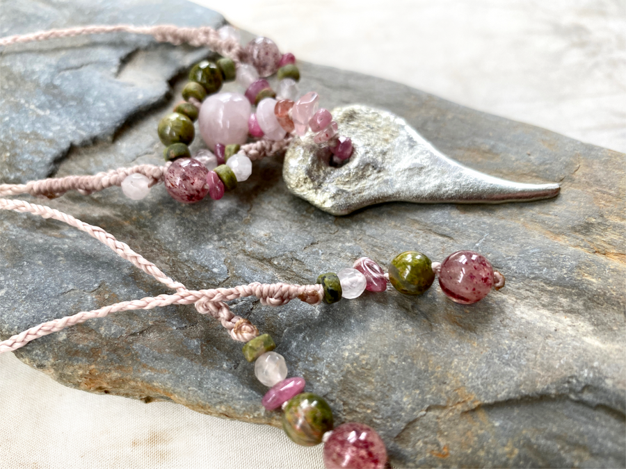 'Flow' talisman necklace ~ pewter with Rose Quartz & Unakite