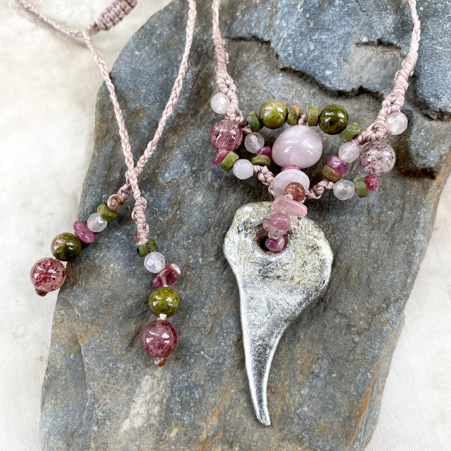 'Flow' talisman necklace ~ pewter with Rose Quartz & Unakite