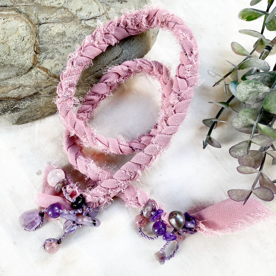 Pink chiffon braid wrap bracelet / anklet
