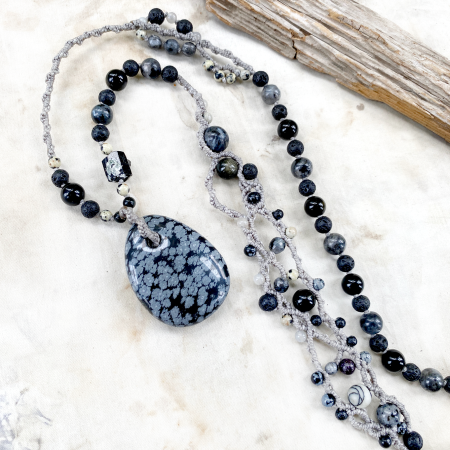 Crystal healing amulet with Snowflake Obsidian