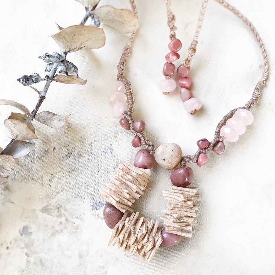 Crystal energy necklace with Rhodonite, Rose Quartz & Gobi Agate