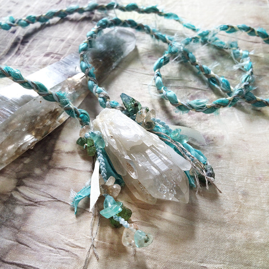 Crystal healing talisman with Abundance Quartz, Kornerupine, Gold Rutile Quartz & Apatite