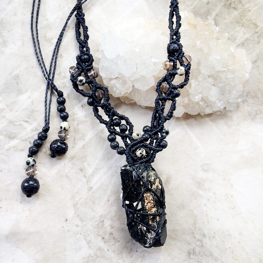 Aegirine crystal healing jewellery with Smokey Quartz, Lava Stone & Dalmatian Jasper