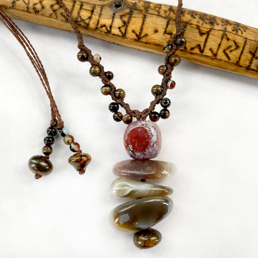 Crystal healing amulet with a cairn of Fire Agate, Botswana Agate & Bronzite