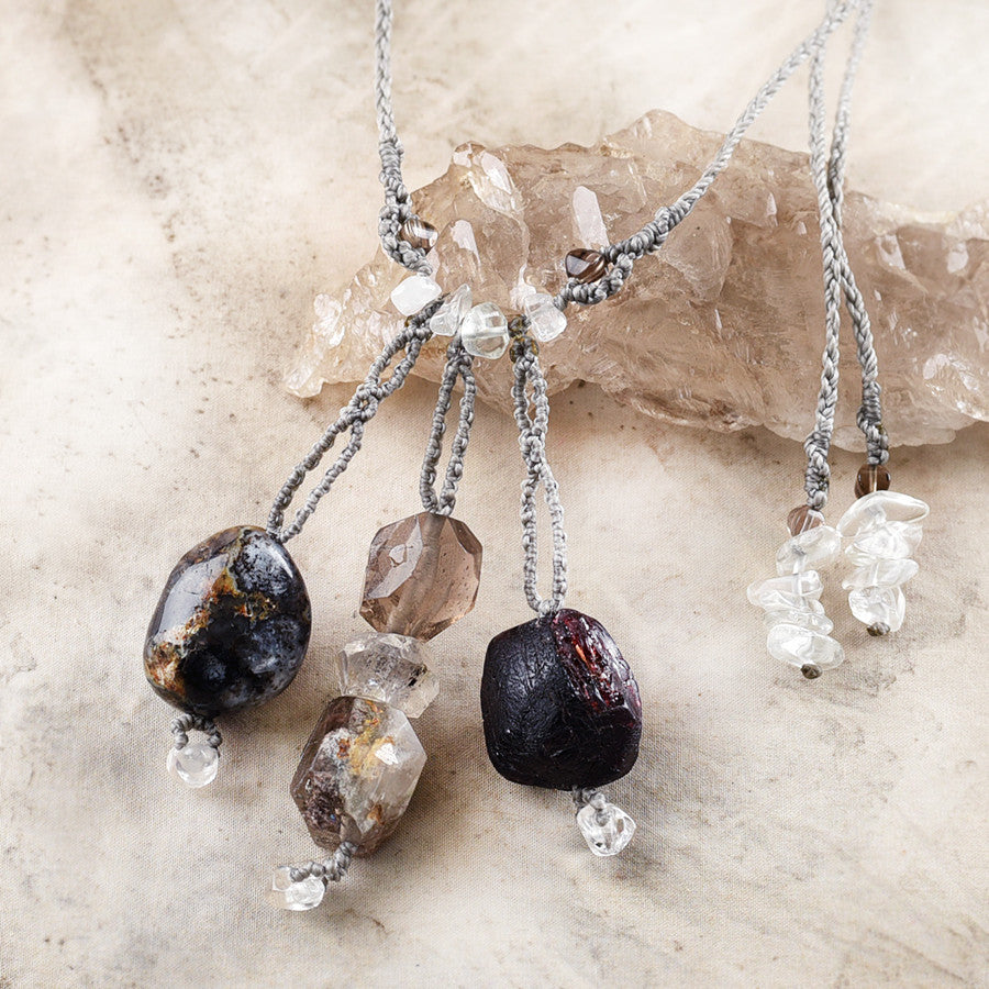 Crystal healing amulet with Almandine Garnet, Sichuan DT Quartz, Moss Opal & Shaman Dream Stone Quartz