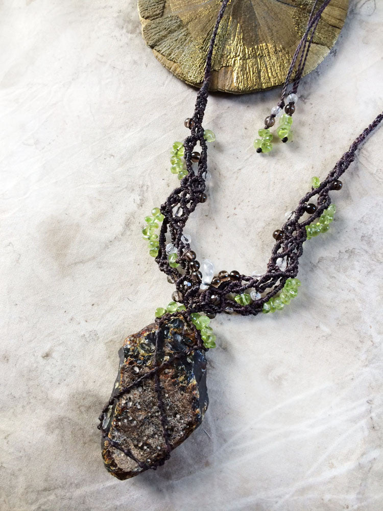 Raw Amber talisman necklace with Peridot, Smokey Quartz & clear Quartz