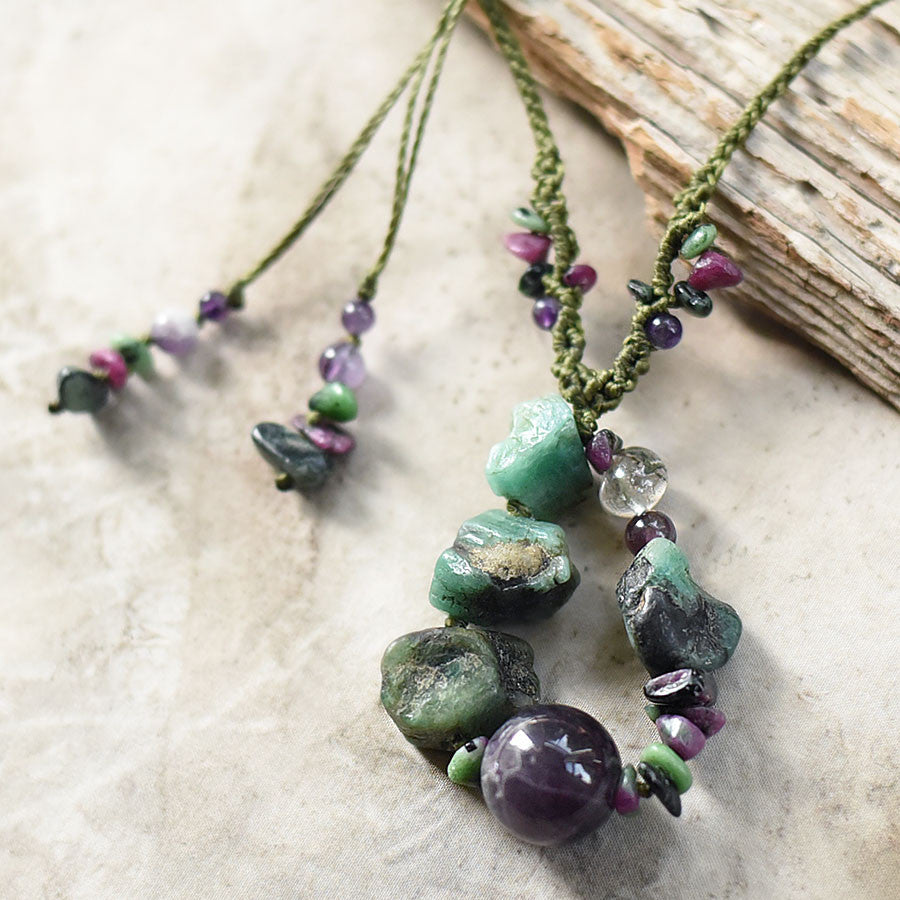 Crystal healing jewellery with Amethyst, Emerald, Ruby in Zoisite & Lodolite