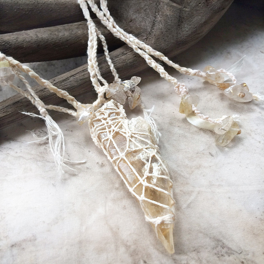 'Light Connector' ~ Angel Wing Selenite crystal healing amulet with Gold Rutile Quartz
