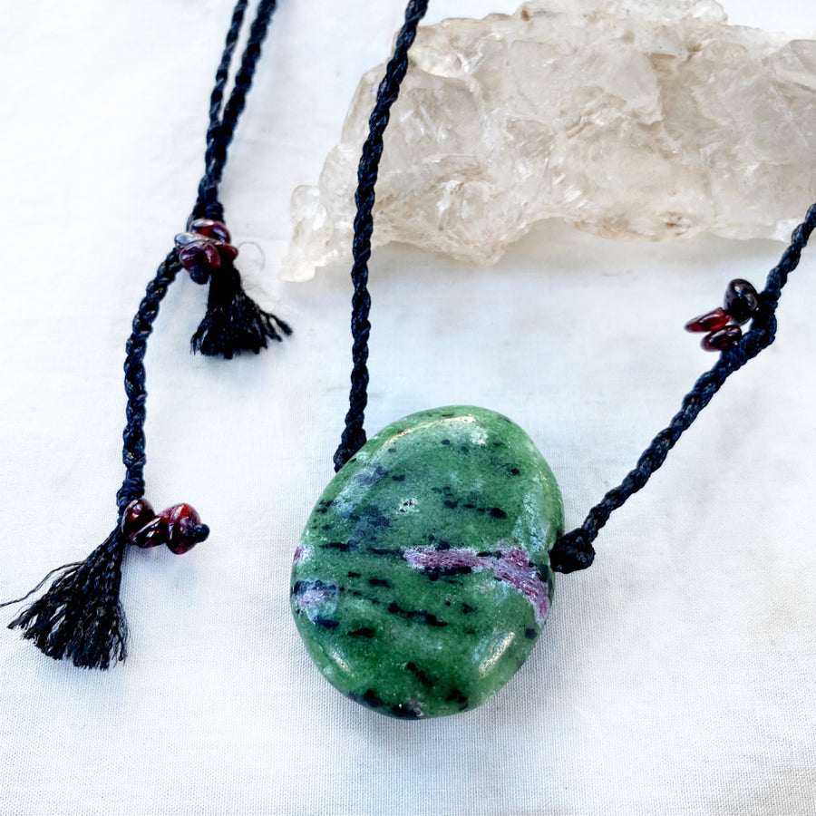 Crystal healing amulet with Ruby in Zoisite