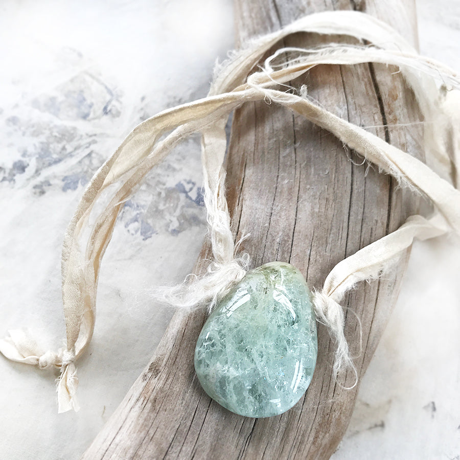 Talismanic Aquamarine crystal healing necklace with silk ribbon