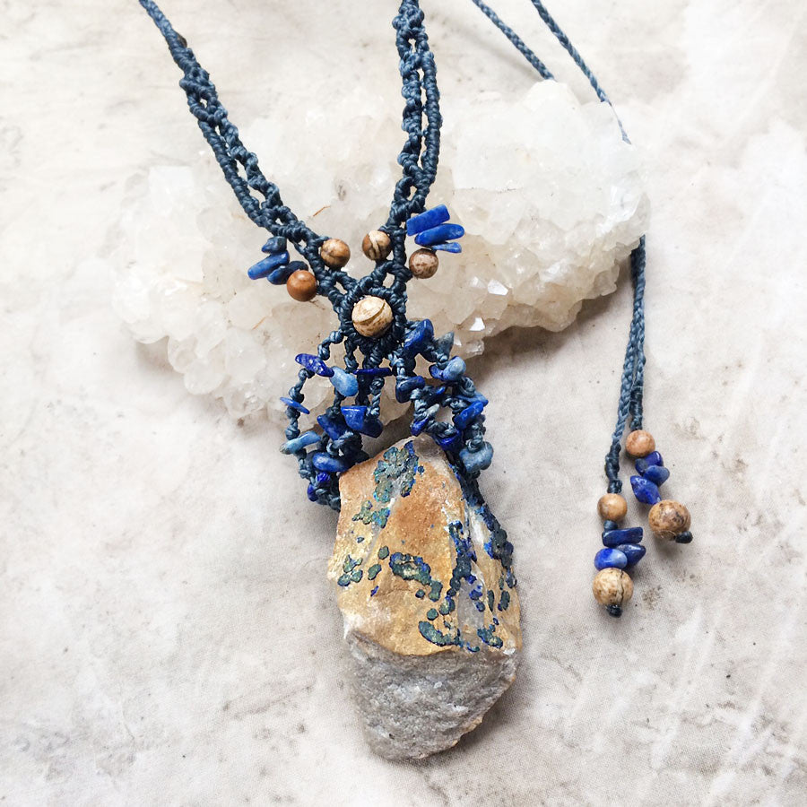 'Trail of Light' ~ Azurite crystal amulet with Lapis Lazuli & Picture Jasper