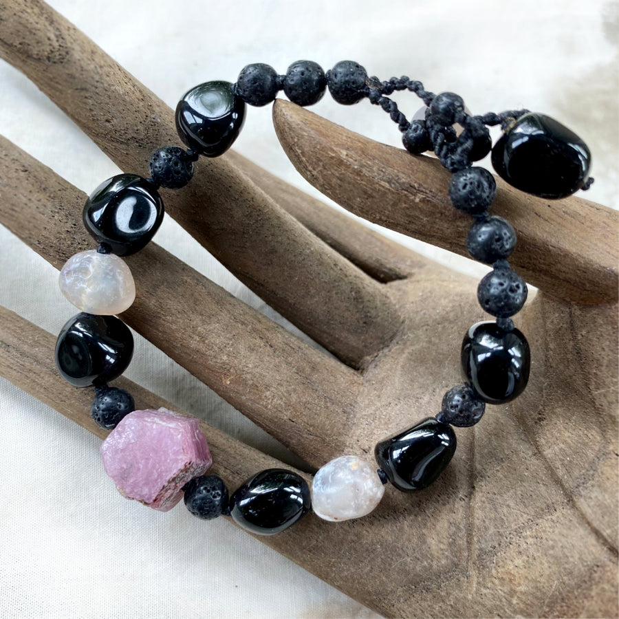 Crystal healing bracelet with Ruby, Black Tourmaline, Gobi Agate & Lava Stone ~ for wrist size up to 6.5
