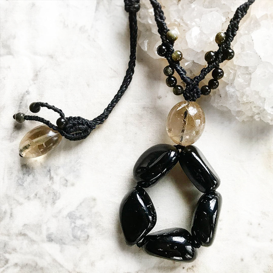 Crystal healing amulet with Black Tourmaline, Citrine & Golden Sheen Obsidian