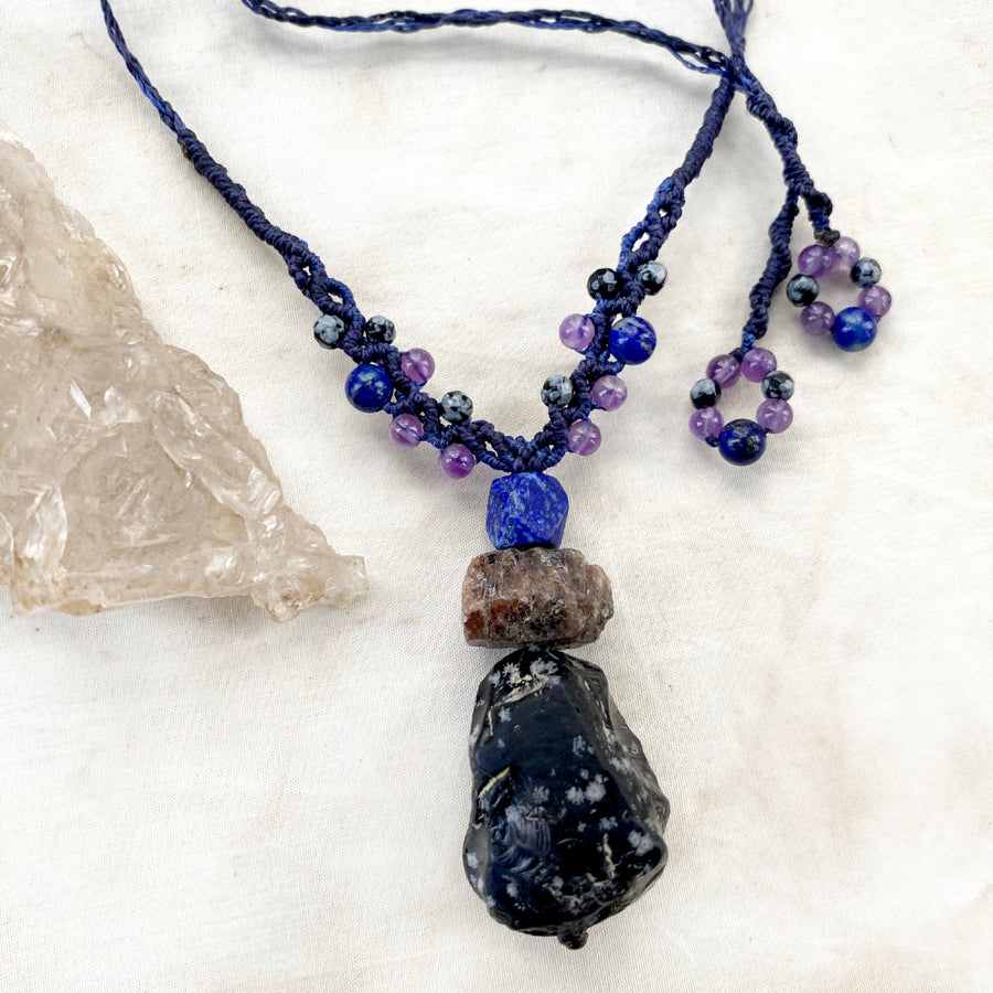 Crystal healing cairn amulet with Snowflake Obsidian, Sapphire & Lapis Lazuli