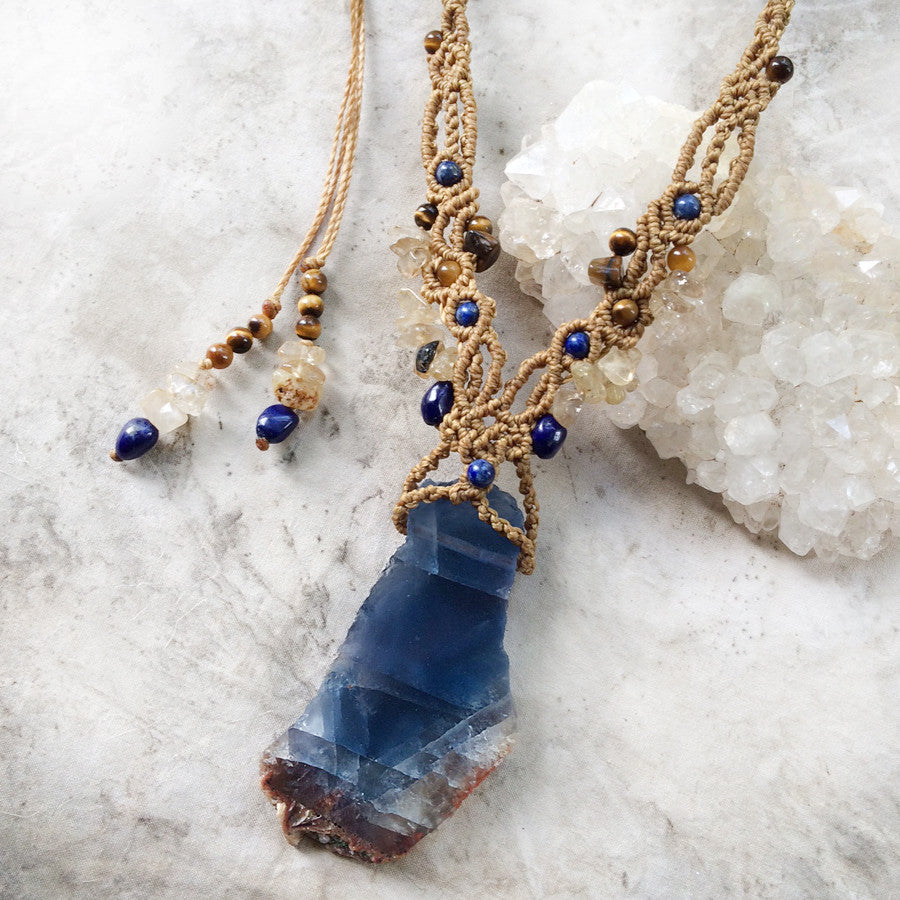 'Vision Quest' ~ Fluorite crystal amulet with Lapis Lazuli, Gold Rutile Quartz & Tiger Eye