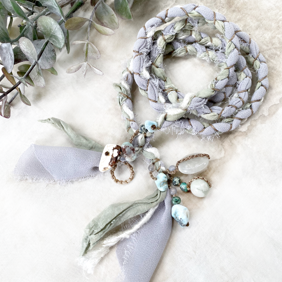 Silk braid wrap bracelet with Magnesite, Larimar, Peace Jade, Agate & African Turquoise Jasper
