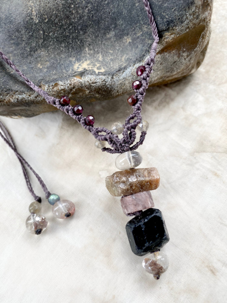 Crystal cairn amulet with Sapphire, Black Tourmaline, Lodolite, Labradorite & Garnet