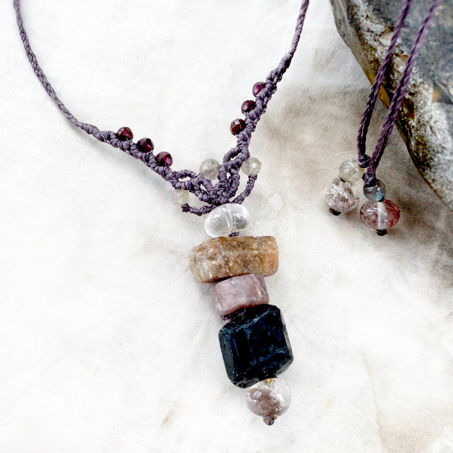 Crystal cairn amulet with Sapphire, Black Tourmaline, Lodolite, Labradorite & Garnet