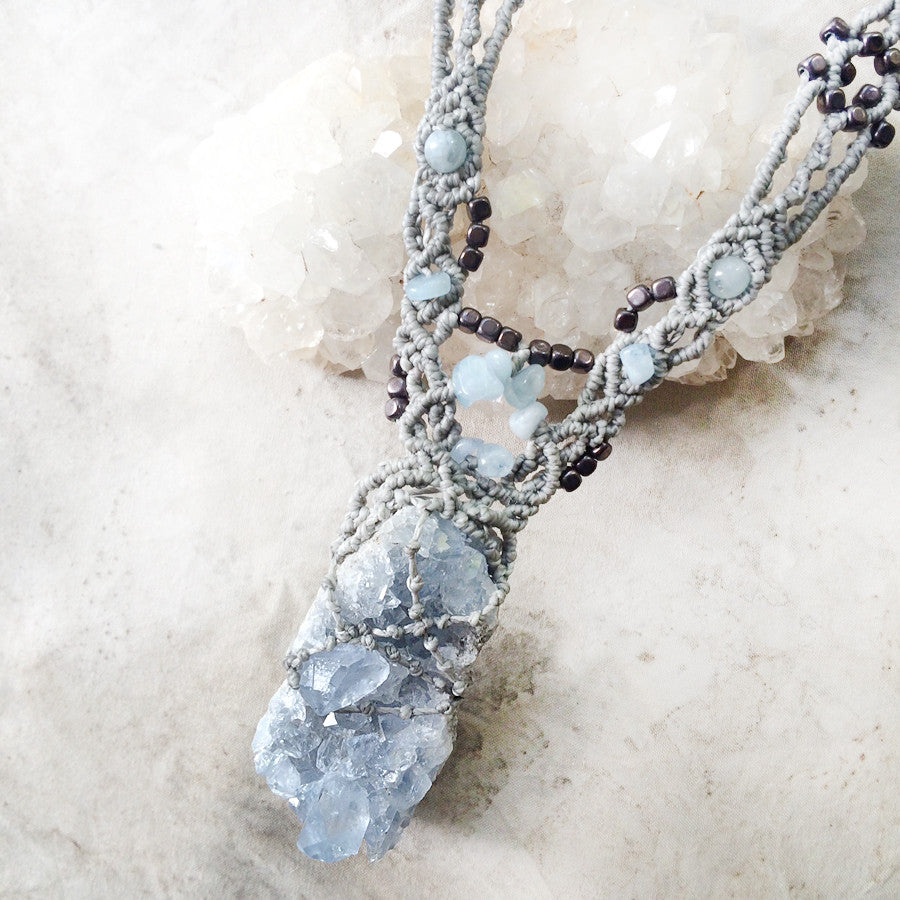 'Angel Connection' ~ Celestite crystal healing amulet with Aquamarine & Hematite