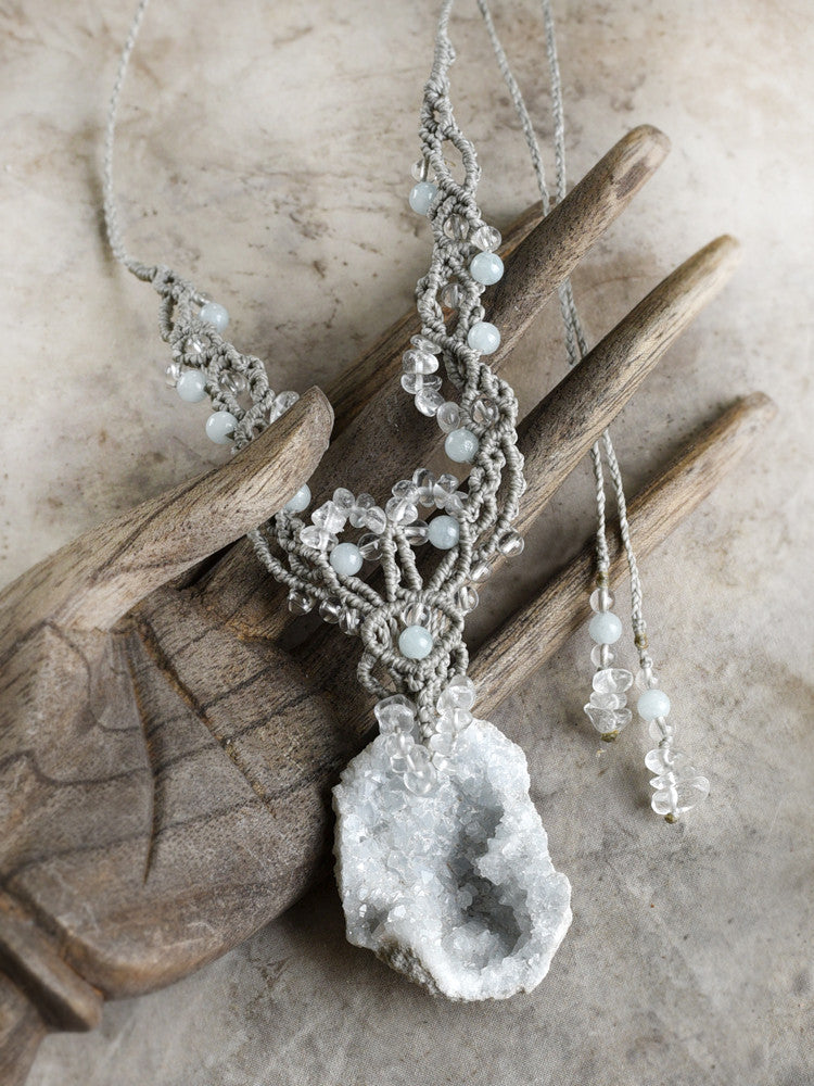 'Angel's Embrace' ~ Celestite crystal healing amulet with clear Quartz & Aquamarine