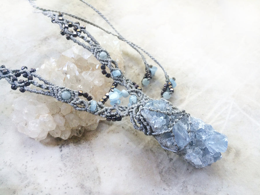 'Angel Connection' ~ Celestite crystal healing amulet with Aquamarine & Hematite